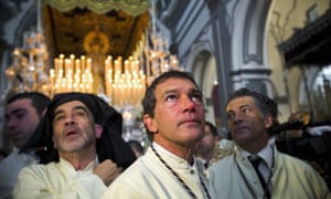<strong>Malaga, Spain</strong> Actor Antonio Banderas and his brother Javier Dominguez Banderas, right, wait in front of the float of the icon of the Virgin Mary of Tears and Favors at St. John church