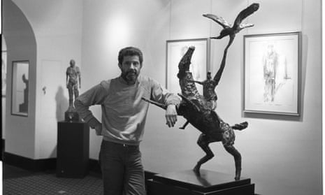 Robert Clatworthy in 1986 with one of his Horseman and Eagle sculptures