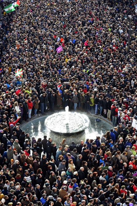 Demonstrators gather near Madrid's Puerta del Sol for a 'March for Change' organised by Podemos in January 2015.