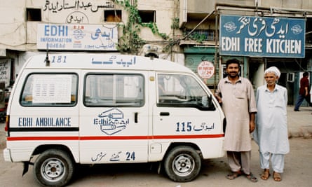 A foundation ambulance outside the Edhi Free Kitchen.