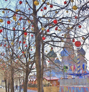 Baubles in trees during winter in Red Square, Moscow