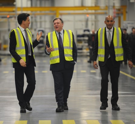 Ed Miliband, Ed Balls and Chuka Umunna at Jaguar Land Rover in Wolverhampton February 2015
