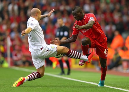 Mario Balotelli is challenged Hutton during at Anfield in September.