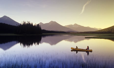 Canoeing in Bowron Lake Provincial Park, British Columbia, Canada.