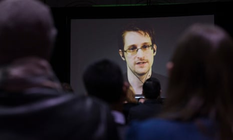 Edward Snowden appears live via a video link at a Toronto college in February.