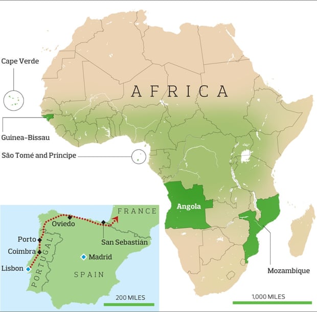 A map showing the route taken by the students to escape Portugal and the colonies in Africa they would eventually return to.