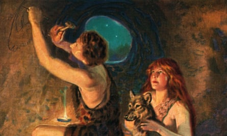 Neolithic man installing a wifi router.