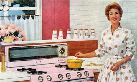 Fifties housewife with new pink gas range
