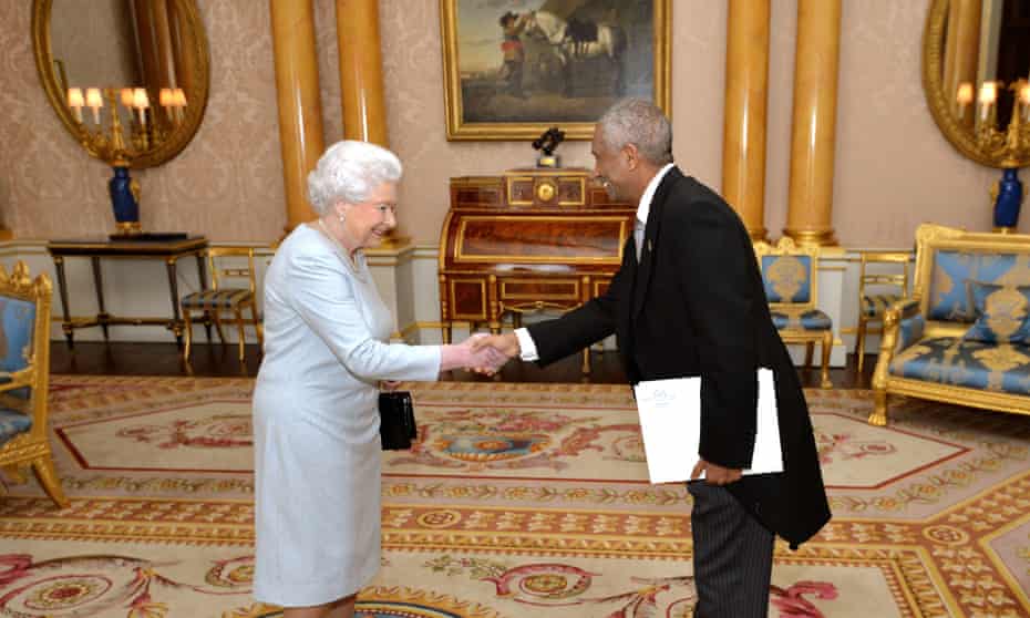 The Queen shakes hands with Estifanos Habtemariam the new ambassador of Eritrea, during a private audience at Buckingham Palace on 17 February 2015.