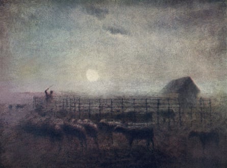 The Sheepfold, Moonlight, 1856-60 by Jean-François Millet: ‘sheep, moon, shepherd, dog: what a great sonneteer and shape-maker he was’.