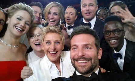 Kevin Spacey (rear centre) takes part in the famous film-star selfie at the 2014 Oscars.