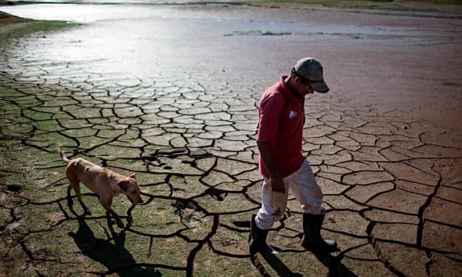 A resident walks with a dog across the drying bottom of the Paraibuna dam in Redencao da Serra