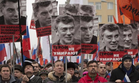 Protesters march in Moscow on 1 March in memory of slain opposition leader Boris Nemtsov.