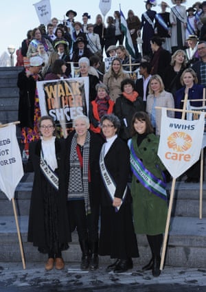 Annie Lennox, Gemma Arterton and Helen Pankhurst join 21st century suffragettes as well as two descendants of Emmeline Pankhurst at march in support of International Women's Day in London