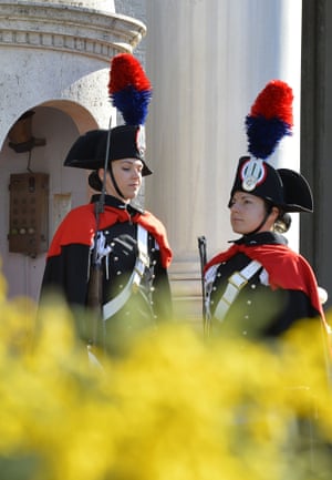 Female members of the Italian Presidential Honour Guard at the entrance of the Quirinale Palace, the Italian Presidential palace in Rome.