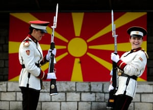 Corporals Verica Zlatevska and Dragana Kitanovska attend an honour guard training session at an army barracks in Skopje, Macedonia. For the first time in the history of Macedonia's army, the honour guard has two women in its ranks