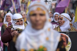 Kurdish women march in the southern French city of Marseille during a rally