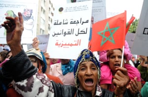 Rabat, Morocco Moroccan women shout slogans during a protest calling for gender equality as they mark International women's day  The placard reads in Arabic: "A comprehensive review of all discriminatory laws"