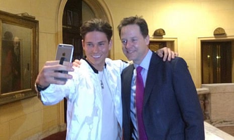 Photo taken from the Twitter feed of @nick_clegg of the Liberal Democrat leader Nick Clegg meeting Joey Essex from ITV's The Only Way Is Essex after a press conference in Westminster