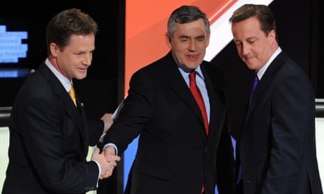 Nick Clegg, Gordon Brown and David Cameron at one of the 2010 TV debates.