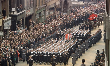 The procession escorting the coffin of Winston Churchill moving along Fleet Street,London, 30 January 1965.