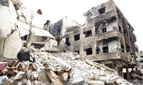 Destroyed buildings in the Yarmouk refugee area of Damascus, Syria.