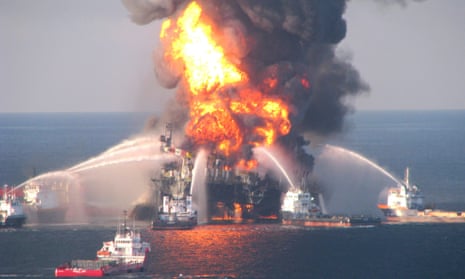 The Deepwater Horizon oil rig on fire before it collapses into the sea and sank, leaving the well below spewing oil into the Gulf of Mexico.