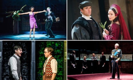 Clockwise from top left: Memphis: The Musical, Wolf Hall, King Charles III and City of Angels