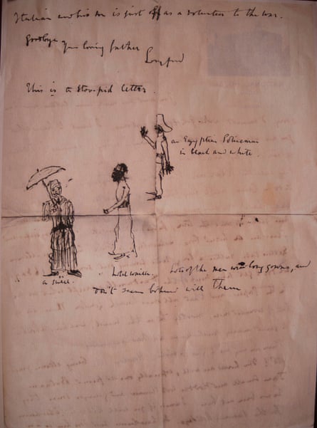 Rachel Billington One of Tom's letters from Egypt, with drawings for the children, signed 'Goodbye, Your loving father, Longford'