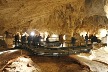 Visitors in the life-size replica of the Chauvet cave, in southern France.