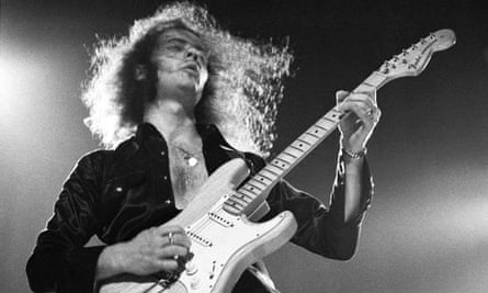 Ritchie Blackmore performing live onstage, playing Fender Stratocaster guitar on UK tour in 1973.
