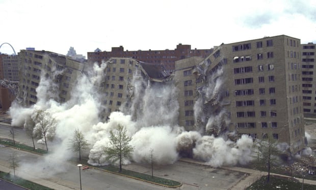 The second stage of demolition of the Pruitt-Igoe complex in April 1972.