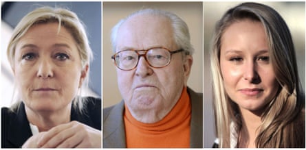 (L to R) The Front National party president, Marine Le Pen; the party’s honorary president, Jean-Marie Le Pen; and Marion Maréchal-Le Pen, the party’s deputy and rising star.