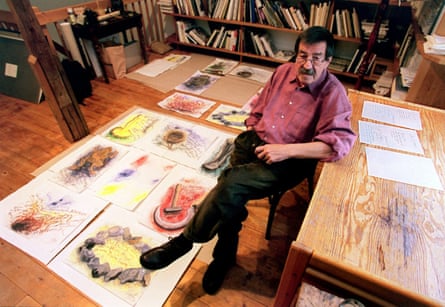 Günter Grass with some of his drawings at his home in Behlendorf.