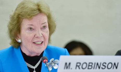 Mary Robinson, President of the Mary Robinson Foundation, Climate Justice during the panel the topics Human Rights and climate change in Geneva on 6 March  2015.