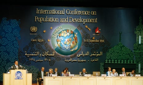 President Hosni Mubarak (extreme left) of Egypt addresses the International Conference on Population and Developments on 5 September 1994. The International Conference on Population and Developments meets in Cairo to produce a Programme of Action that will become a blueprint for global population policy for the next twenty years.