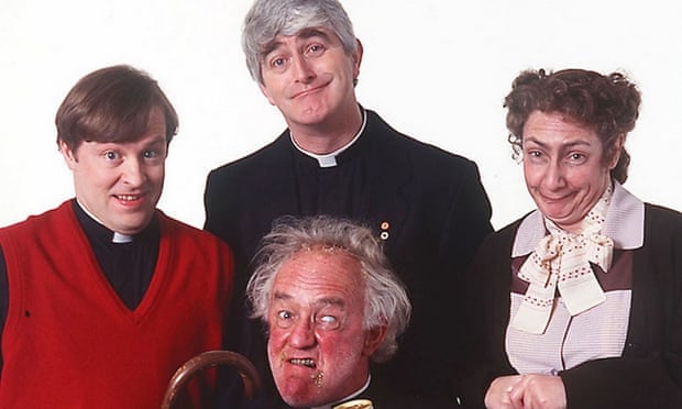 The cast of Father Ted, l to r: Ardal O'Hanlon (Father Dougal McGuire); Dermot Morgan (Father Ted Crilly); Frank Kelly (Father Jack Hackett); Pauline McLynn (Mrs Doyle).