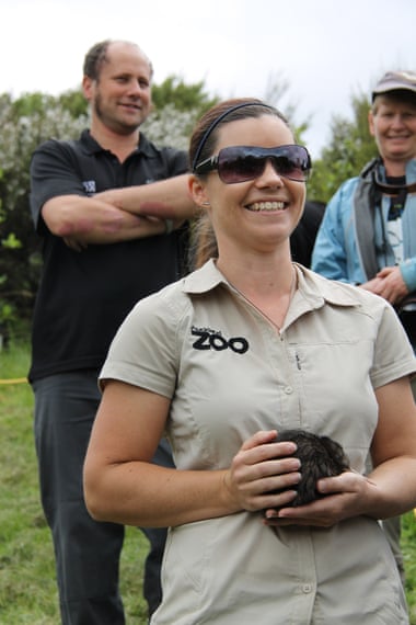 Auckland Zoo employee, Michelle Whybrow, with kiwi during public release on Rotoroa.