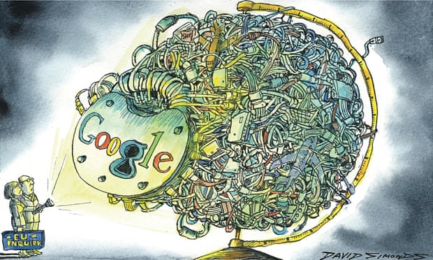 Cartoon EU-Google. Bron The Guardian: https://www.theguardian.com/technology/2015/apr/19/google-dominates-search-real-problem-monopoly-data