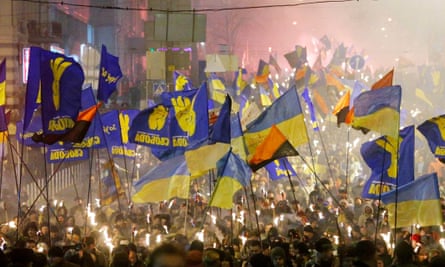 Ukrainian nationalists march to mark the birthday of Stepan Bandera, a Ukrainian leader assassinated by the KGB.