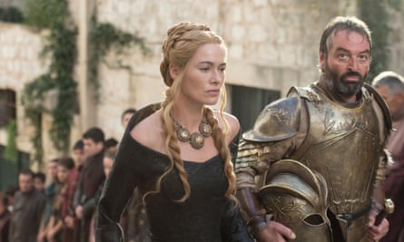 Lena Headey as Cersei Lannister and Ian Beattie as Meryn Trant in Game of Thrones.