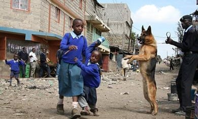 Scared school children walk past a police dog during a crackdown on Mungiki sect adherents in Kosovo slum in Nairobi; Kenya. The sect is blamed for a string of recent murders and beheadings. The slum was believed to be a major hideout for the quasi-religious turned militant sect members.