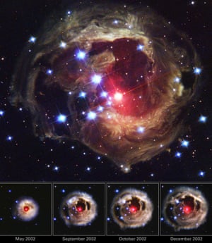 In 2002, this star, V838 Monocerotis, suddenly brightened for several weeks. The images captured by Hubble revealed an effect called a light echo and showed never-before-seen dust patterns in surrounding cloud structures.