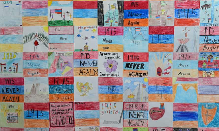 Artwork by pupils from the Rose &amp; Alex Pilibos Armenian school in Los Angeles commemorating the 100th anniversary of the Armenian genocide.
