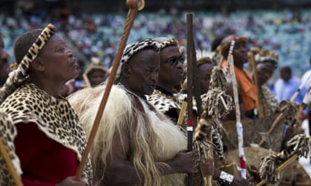 Zulu elders sing ahead of the address of Zulu King Goodwill Zwelithini in Durban.
