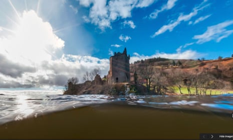 Google’s Street View showing Urquhart Castle on Loch Ness, above and below water. There are no monsters