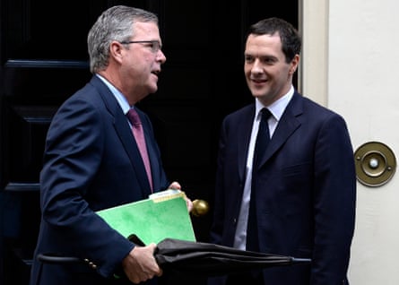 Jeb Bush talks to George Osborne on the doorstep of 11 Downing Street