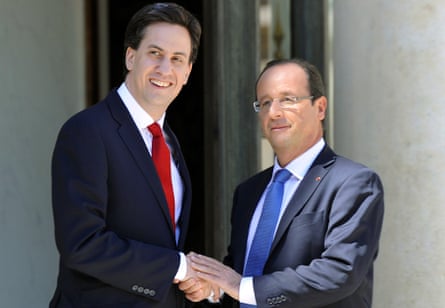 Ed Miliband is welcomed by François Hollande before a meeting at the Elysée Palace in Paris.