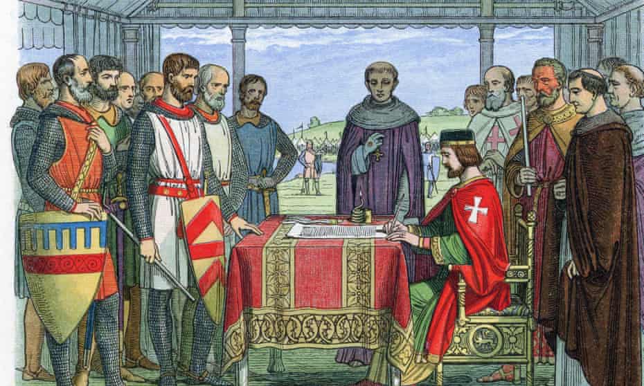 Illustration of the Angevin kings of England signing Magna Carta