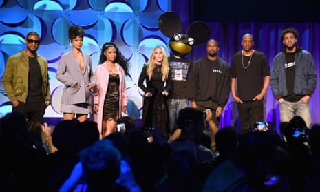 Usher, Rihanna, Nicki Minaj, Madonna, Deadmau5, Kanye West, Jay Z, and J Cole at the Tidal launch last month in New York.